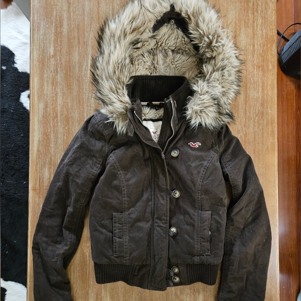 Y2K Vintage Hollister Womens Chocolate Brown Bomber Jacket with Faux Fur Hood XS